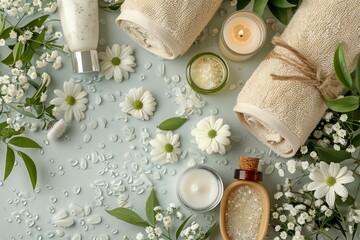 Spa Wellness Set with Floral Extracts, Cotton Towels, Candles, and Beauty Treatment Products on Blue Background