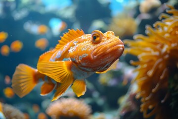 Vibrant Orange Garibaldi Fish Swimming in Blue Ocean Water Surrounded by Colorful Marine Life and Coral