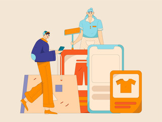 Holiday shopping people doing e-commerce online shopping flat vector concept operation hand drawn illustration
