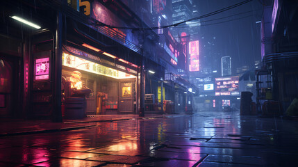 Moody urban landscape with rain-soaked streets reflect