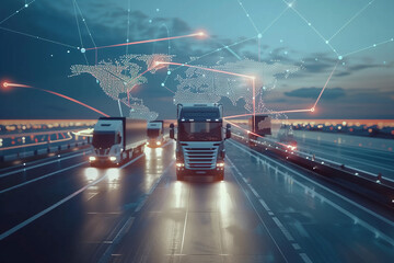 dynamic transportation and logistics concept, showcasing various modes of freight transport such as trucking and aviation, integrated with digital connectivity and global networking (1) - obrazy, fototapety, plakaty