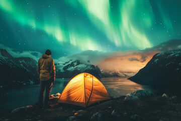 A man camping in wild northern mountains with an illuminated tent viewing a spectacular green northern lights aurora display (1) - obrazy, fototapety, plakaty