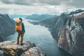 Traveler on cliff mountains over fjord enjoying Norway landscape Travel Lifestyle success...