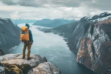 Foto auf Alu-Dibond Traveler on cliff mountains over fjord enjoying Norway landscape Travel Lifestyle success motivation concept adventure active vacations outdoor (3) © Visual Sensation