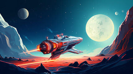 Retro sci-fi illustration of a space exploration mission