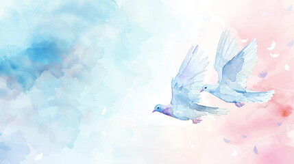 Hand painted watercolor card with two doves on aesthetic background. Pastel light colors. Peace concept. Generative AI