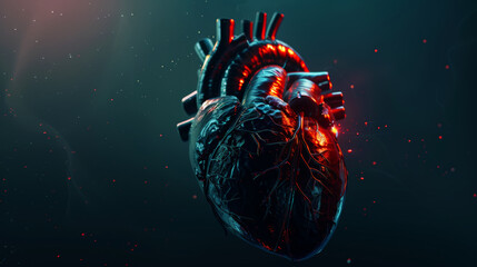 Black with red veins 3d futuristic model of human heart, cardiac healthcare concept. Scientific template. Generative AI - obrazy, fototapety, plakaty