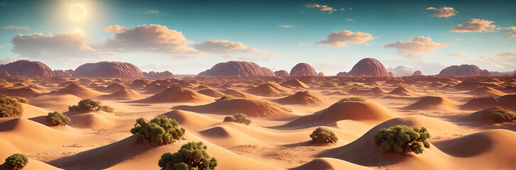 A vast desert expanse with rolling dunes under a sunny sky. Generative AI