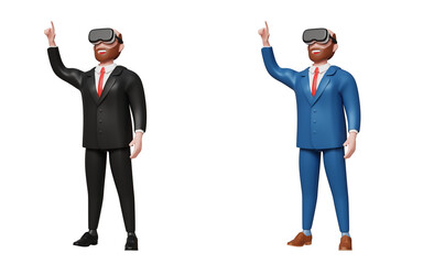 3D bearded businessman wearing virtual reality headset, using finger on augmented reality touch screen. Virtual conference, innovate and future technology concept 3d illustration