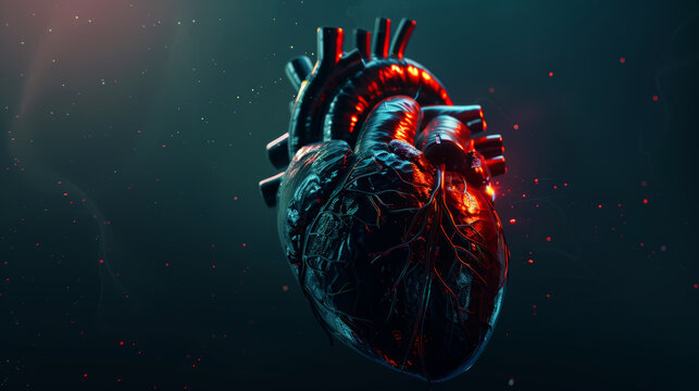 Black with red veins 3d futuristic model of human heart, cardiac healthcare concept. Scientific template. Generative AI