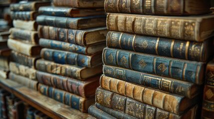 A stack of old books with a blue cover