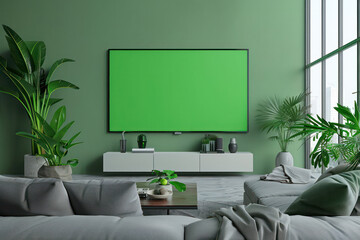 A green wall with a large flat screen television and a few potted plants