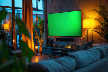 A green screen television is on a wall in a living room