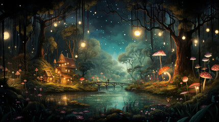 Whimsical illustration of a fairytale forest inhabited - obrazy, fototapety, plakaty