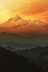 The silhouette of a mountain range is highlighted against the vibrant hues of a sunset, casting a striking contrast in the sky