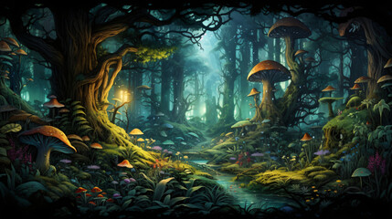 Fototapeta na wymiar Whimsical illustration of a fairytale forest inhabited