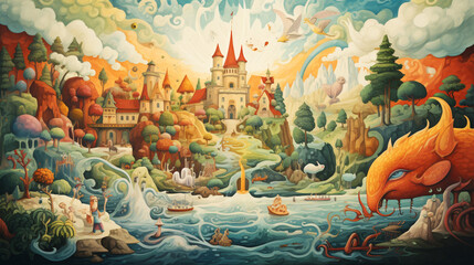 Whimsical illustration of a fantasy world inhabited - obrazy, fototapety, plakaty