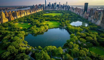 Foto op Canvas A stunning aerial view of New York City's Central Park, showcasing the vast greenery and iconic architecture with buildings in the background © Kien