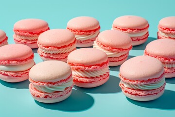 Obraz premium Assorted pink and white macarons on blue background, delicious French pastries, sweet treats, dessert concept
