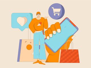Holiday shopping people doing e-commerce online shopping flat vector concept operation hand drawn illustration
