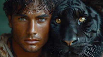 Tuinposter Man with Black Panther in the Wild © PELK