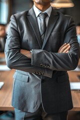 Businessman standing in office conference meeting room, long table with business employees and managers discussion on background.