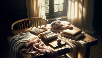 Artisan Knitwear and Yarn Bathed in Sunlight on a Rustic Wooden Table
