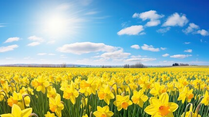 Macro shooting Easter floral flowers background panorama long landscape - Beautiful blooming yellow daffodils, spring meadow field with blue sky.