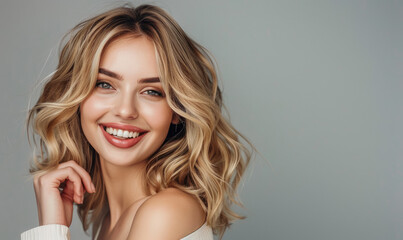 photo of a beautiful blonde woman with shoulder length hair, smiling and posing for the camera against a solid grey background - obrazy, fototapety, plakaty