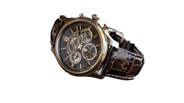 A sophisticated men's wristwatch, exuding luxury and quality, its fine detailing and precise movement accentuated against a white transparent backdrop