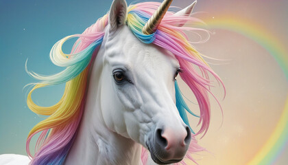 Unicorn with colorful background and rainbow mane