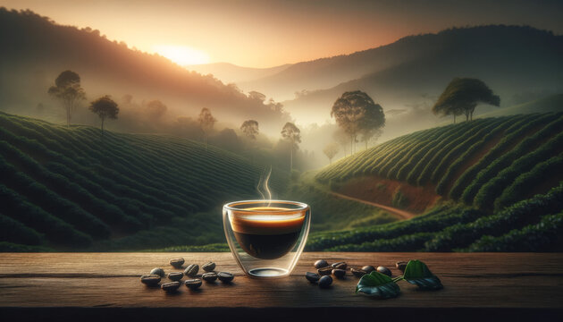 Morning Espresso Amidst the Misty Hills of a Coffee Plantation at Dawn - Powered by Adobe