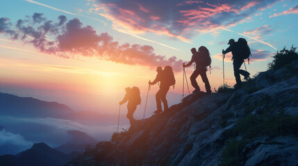 team of hikers in the mountains exploring nature, friends hiking in the mountains team work concept  - obrazy, fototapety, plakaty