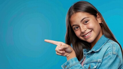 Brunette Latina girl, happy student wearing denim looking at camera, pointing at blue background