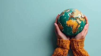 Female hands in a warm sweater hold a globe on a blue background