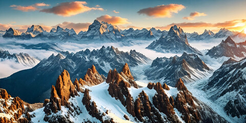 Snowy mountain peaks under a sky panorama. Generative AI.