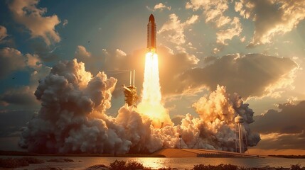 Majestic Rocket Launch At Sunset With Dramatic Clouds. The Spirit Of Exploration And Adventure In Space Travel. International Day of Human Space Flight. AI Generated - obrazy, fototapety, plakaty
