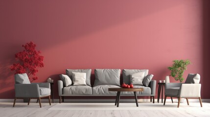 Stylish gray sofa and armchairs with pink and dark red walls are ready. home interior decoration