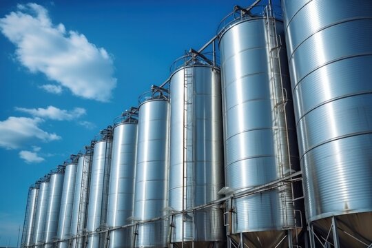 Large warehouse stainless steel silos store plastics and grains. on a sunny day