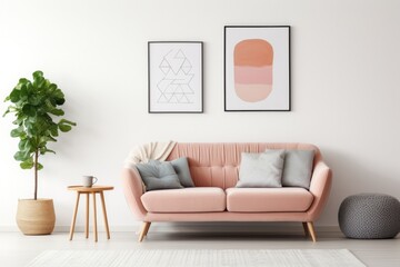 modern living room Teal sofas and terracotta chairs contrast with white walls and art posters....