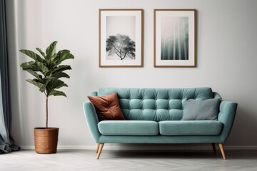 modern living room Teal sofas and terracotta chairs contrast with white walls and art posters. interior design - obrazy, fototapety, plakaty