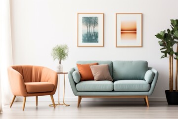 modern living room Teal sofas and terracotta chairs contrast with white walls and art posters. interior design