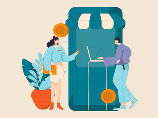 Holiday shopping people doing e-commerce online shopping flat vector concept operation hand drawn illustration
