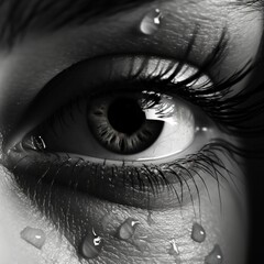 Tears on eyes, open eyes, expressive look with teardrops on eyelashes - obrazy, fototapety, plakaty
