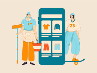 Holiday shopping people doing e-commerce online shopping flat vector concept operation hand drawn illustration
