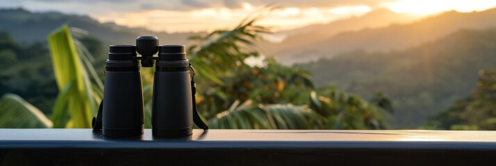 A pair of black compact binoculars overlooking a serene landscape at dusk, which may be used for outdoor product advertising or nature photography features.