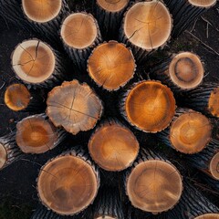 Top-down view of a circle of freshly cut tree stumps, which could serve as a visual statement for environmental campaigns or texture references in design.