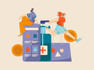 Holiday shopping people doing e-commerce online shopping flat vector concept operation hand drawn illustration
