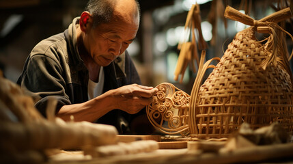 An artisan focused on the intricate carving of bamboo crafts, a scene fit for cultural...