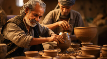 An elder potter shaping clay on a wheel with a focused assistant in the background, an image ideal for cultural heritage features or artisan workshop promotions. - obrazy, fototapety, plakaty